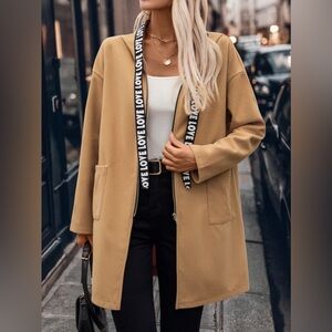 Letter Print Strap Zip Up Hooded Trench Coat 10010086933